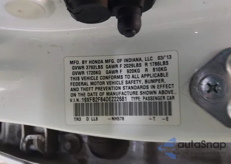 2013 Honda Civic Ex from USA, damaged, VIN 19XFB2F84DE222681